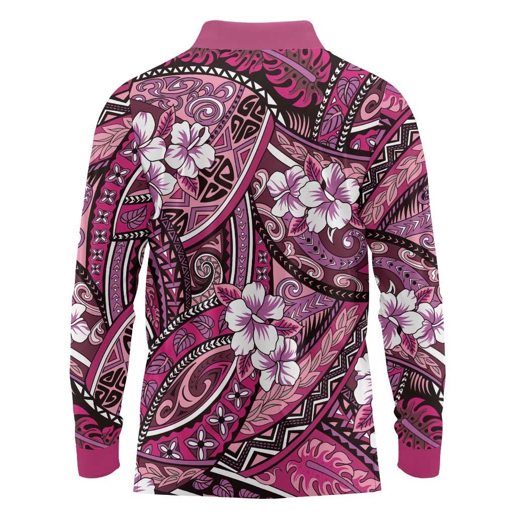 Polynesian Hibiscus Tropical Pink Floral Long Sleeve Polo Shirt Tribal Pattern LT01 - Polynesian Pride
