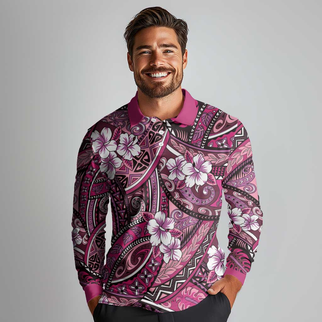 Polynesian Hibiscus Tropical Pink Floral Long Sleeve Polo Shirt Tribal Pattern LT01 - Polynesian Pride