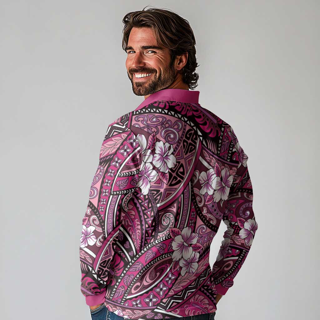 Polynesian Hibiscus Tropical Pink Floral Long Sleeve Polo Shirt Tribal Pattern LT01 - Polynesian Pride