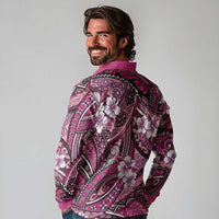 Polynesian Hibiscus Tropical Pink Floral Long Sleeve Polo Shirt Tribal Pattern LT01 - Polynesian Pride