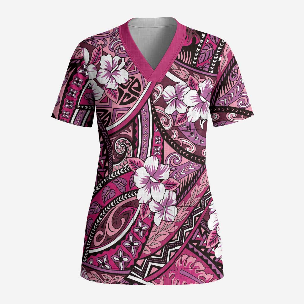 Polynesian Hibiscus Tropical Pink Floral Scrub Top Tribal Pattern LT01 Adult Pink - Polynesian Pride