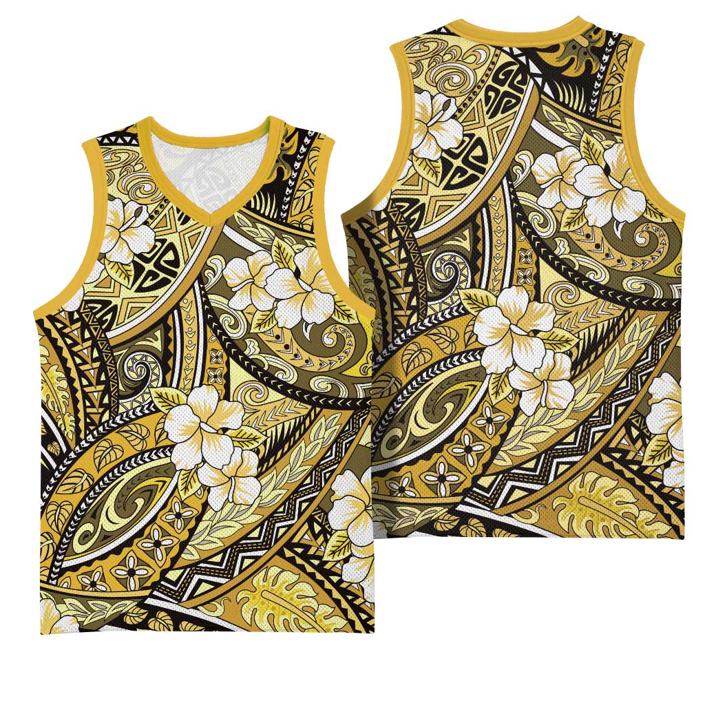 Polynesian Hibiscus Tropical Yellow Floral Basketball Jersey Tribal Pattern LT01 - Polynesian Pride