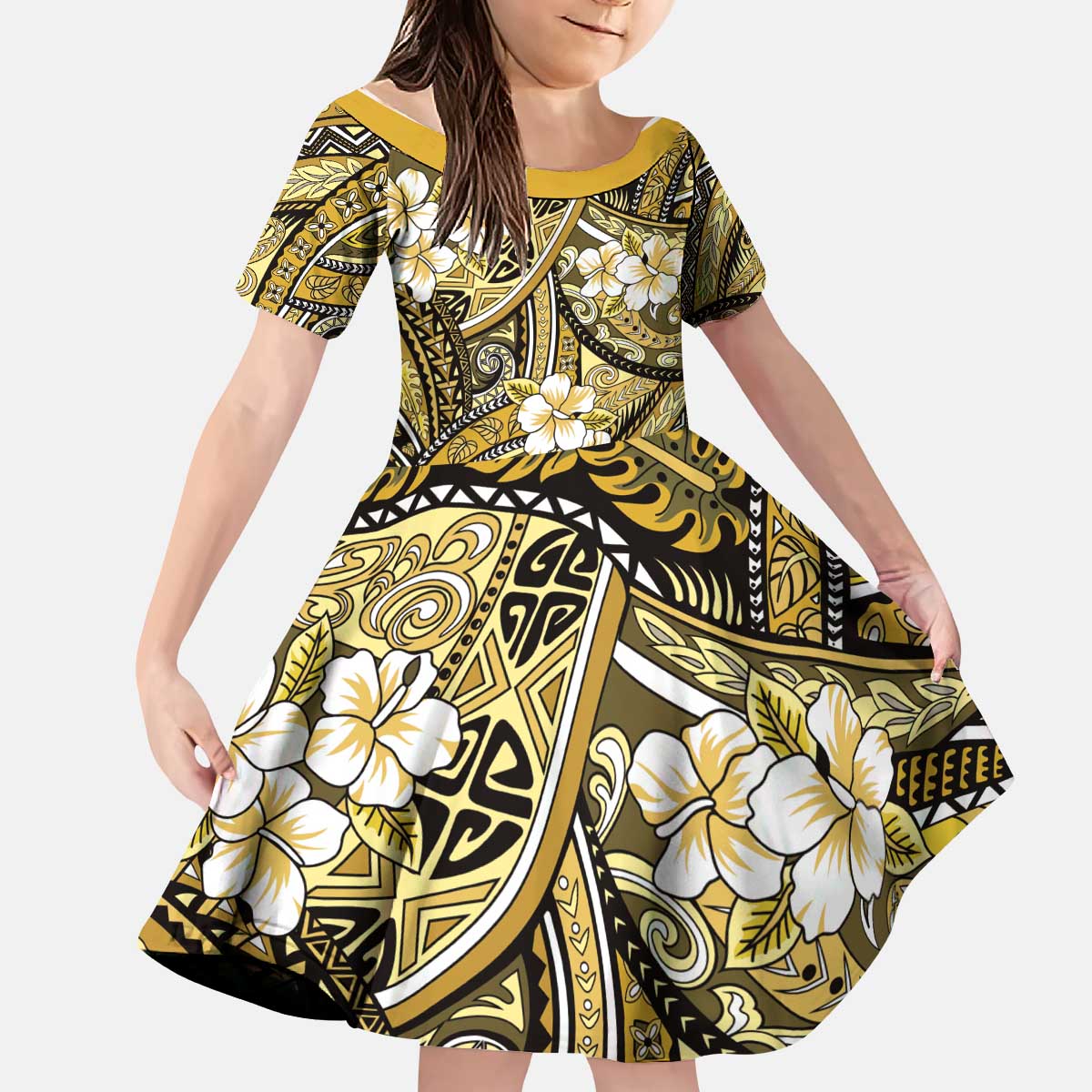 Polynesian Hibiscus Tropical Yellow Floral Kid Short Sleeve Dress Tribal Pattern LT01 KID Yellow - Polynesian Pride