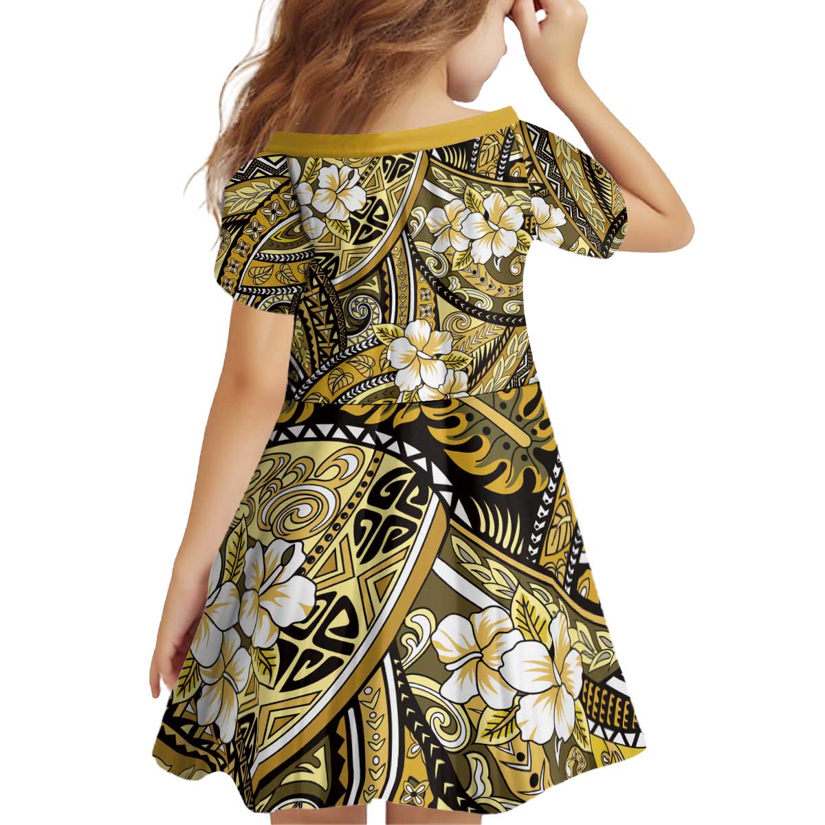 Polynesian Hibiscus Tropical Yellow Floral Kid Short Sleeve Dress Tribal Pattern LT01 - Polynesian Pride