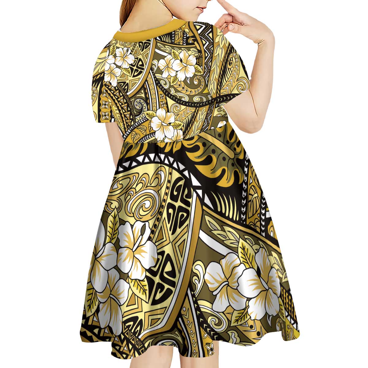 Polynesian Hibiscus Tropical Yellow Floral Kid Short Sleeve Dress Tribal Pattern LT01 - Polynesian Pride