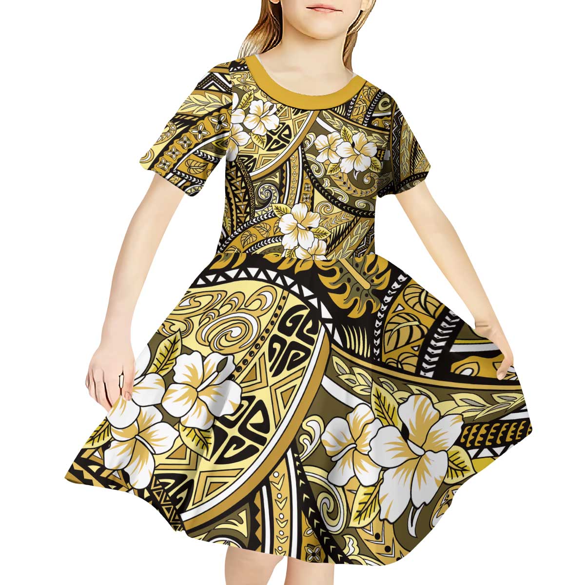 Polynesian Hibiscus Tropical Yellow Floral Kid Short Sleeve Dress Tribal Pattern LT01 - Polynesian Pride