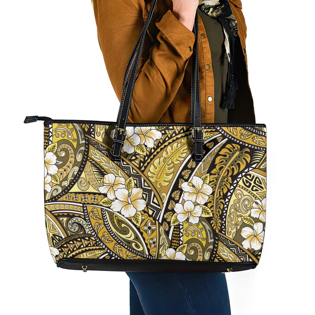 Polynesian Hibiscus Tropical Yellow Floral Leather Tote Bag Tribal Pattern LT01 - Polynesian Pride