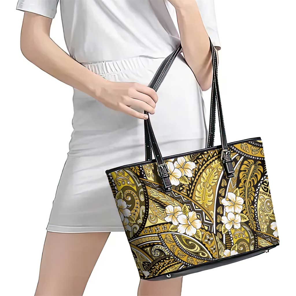 Polynesian Hibiscus Tropical Yellow Floral Leather Tote Bag Tribal Pattern LT01 - Polynesian Pride