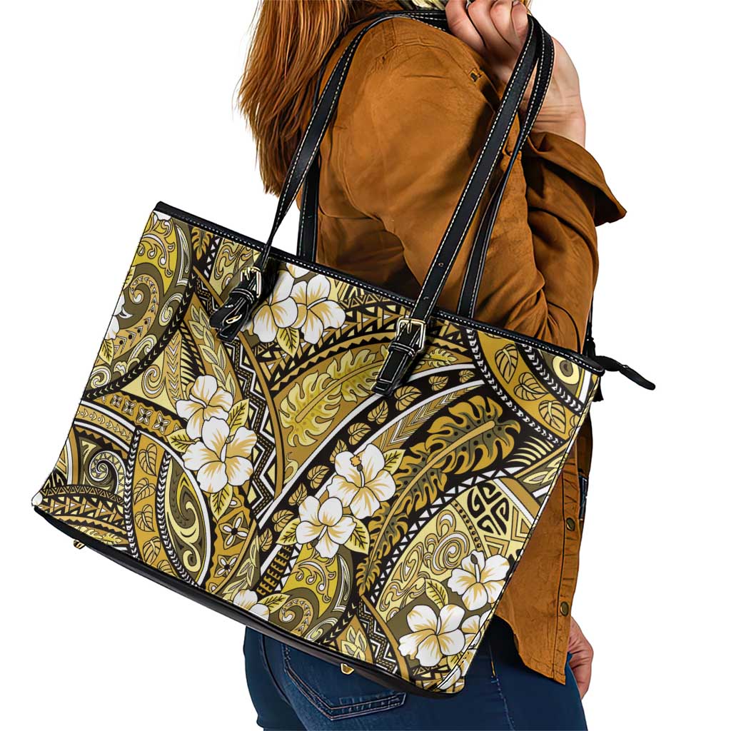 Polynesian Hibiscus Tropical Yellow Floral Leather Tote Bag Tribal Pattern LT01 - Polynesian Pride