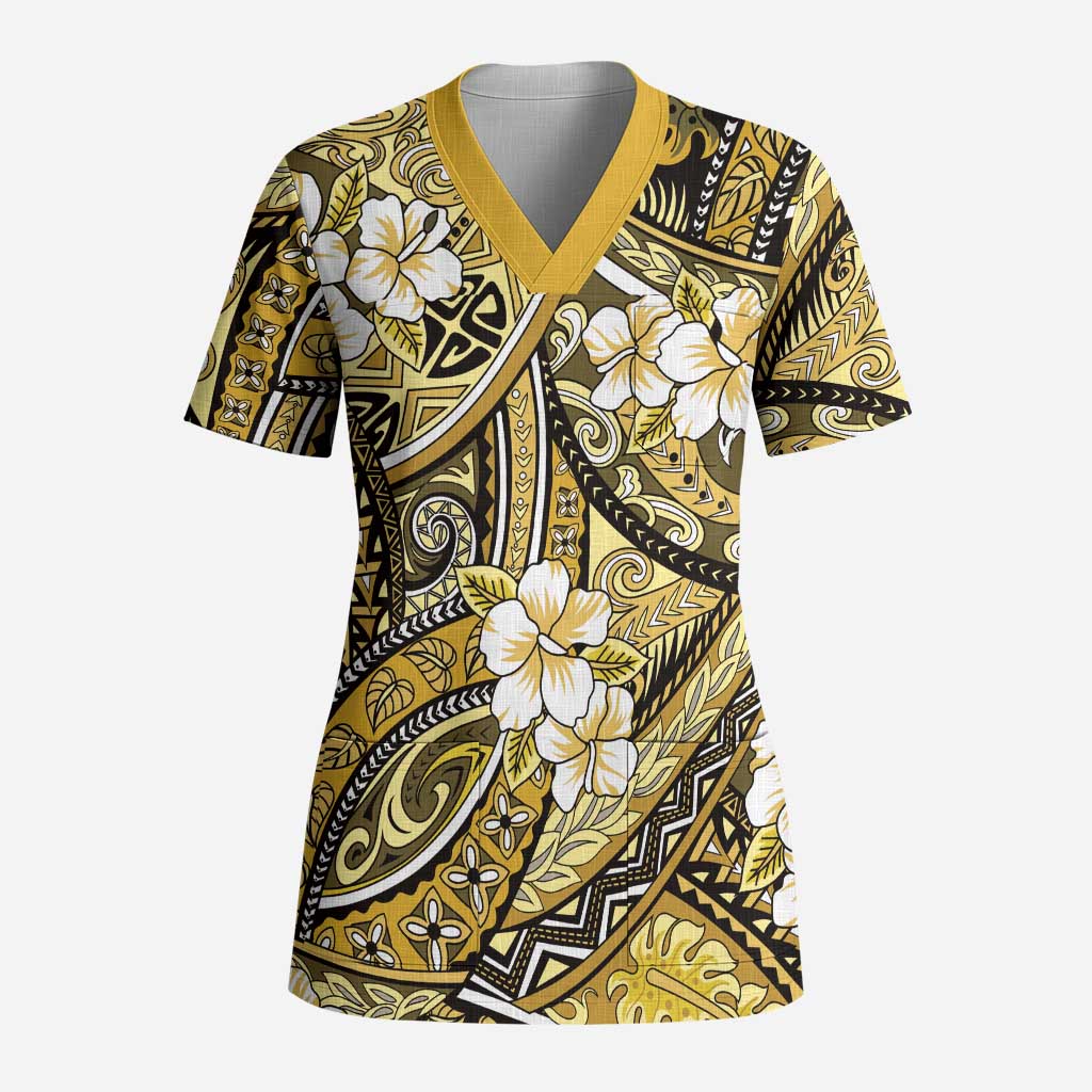 Polynesian Hibiscus Tropical Yellow Floral Scrub Top Tribal Pattern LT01 Adult Yellow - Polynesian Pride