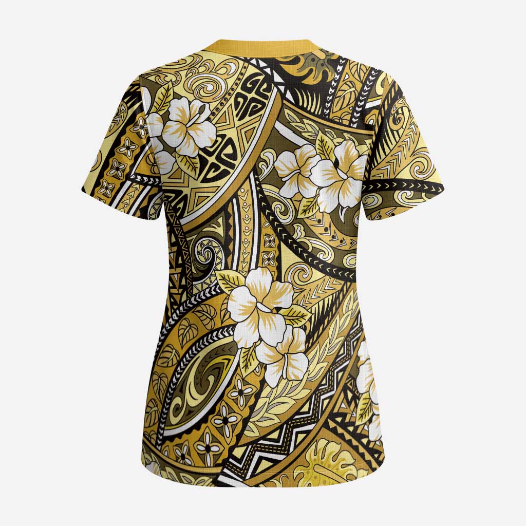 Polynesian Hibiscus Tropical Yellow Floral Scrub Top Tribal Pattern LT01 - Polynesian Pride