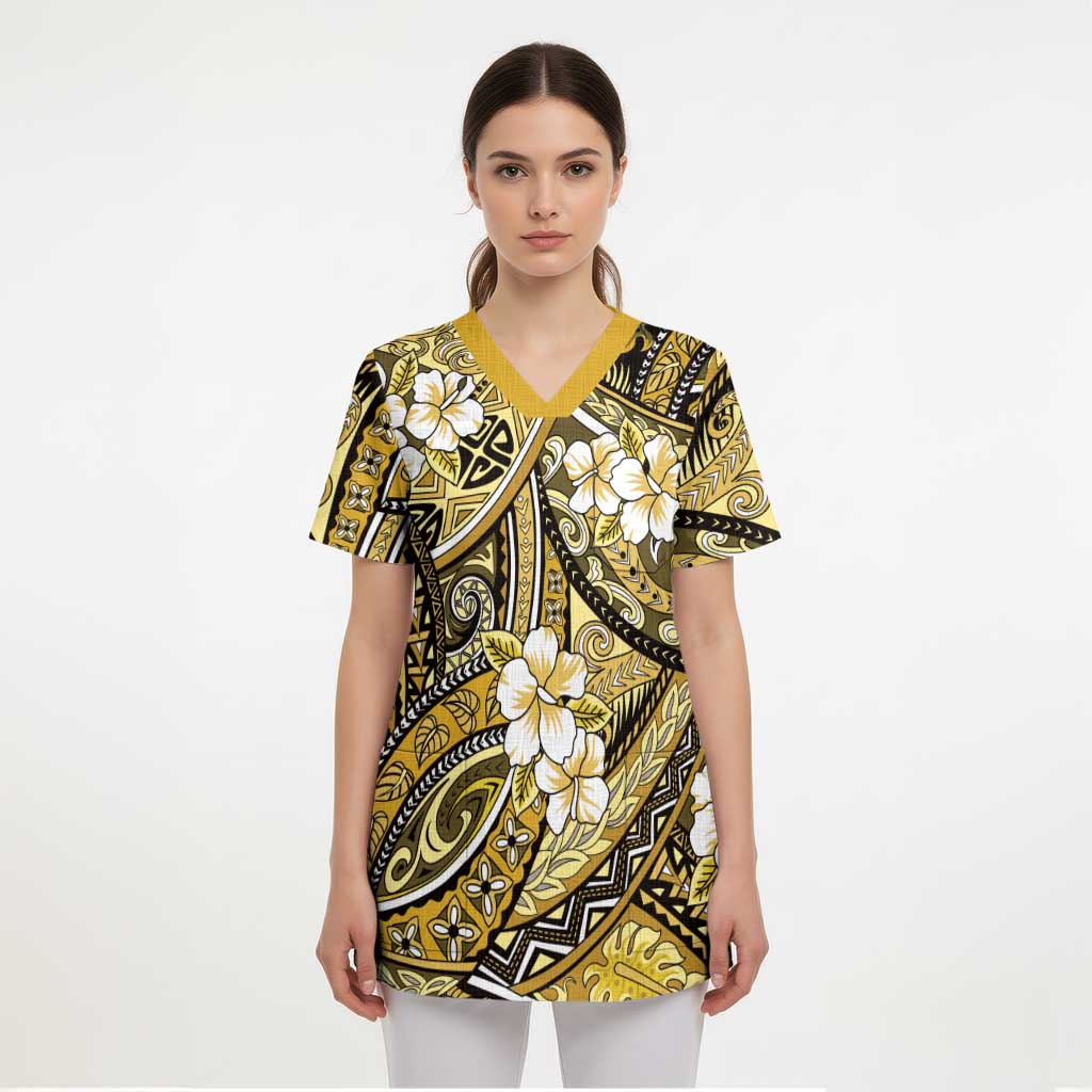 Polynesian Hibiscus Tropical Yellow Floral Scrub Top Tribal Pattern LT01 - Polynesian Pride