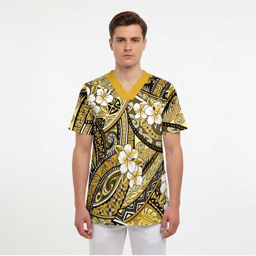 Polynesian Hibiscus Tropical Yellow Floral Scrub Top Tribal Pattern LT01 - Polynesian Pride