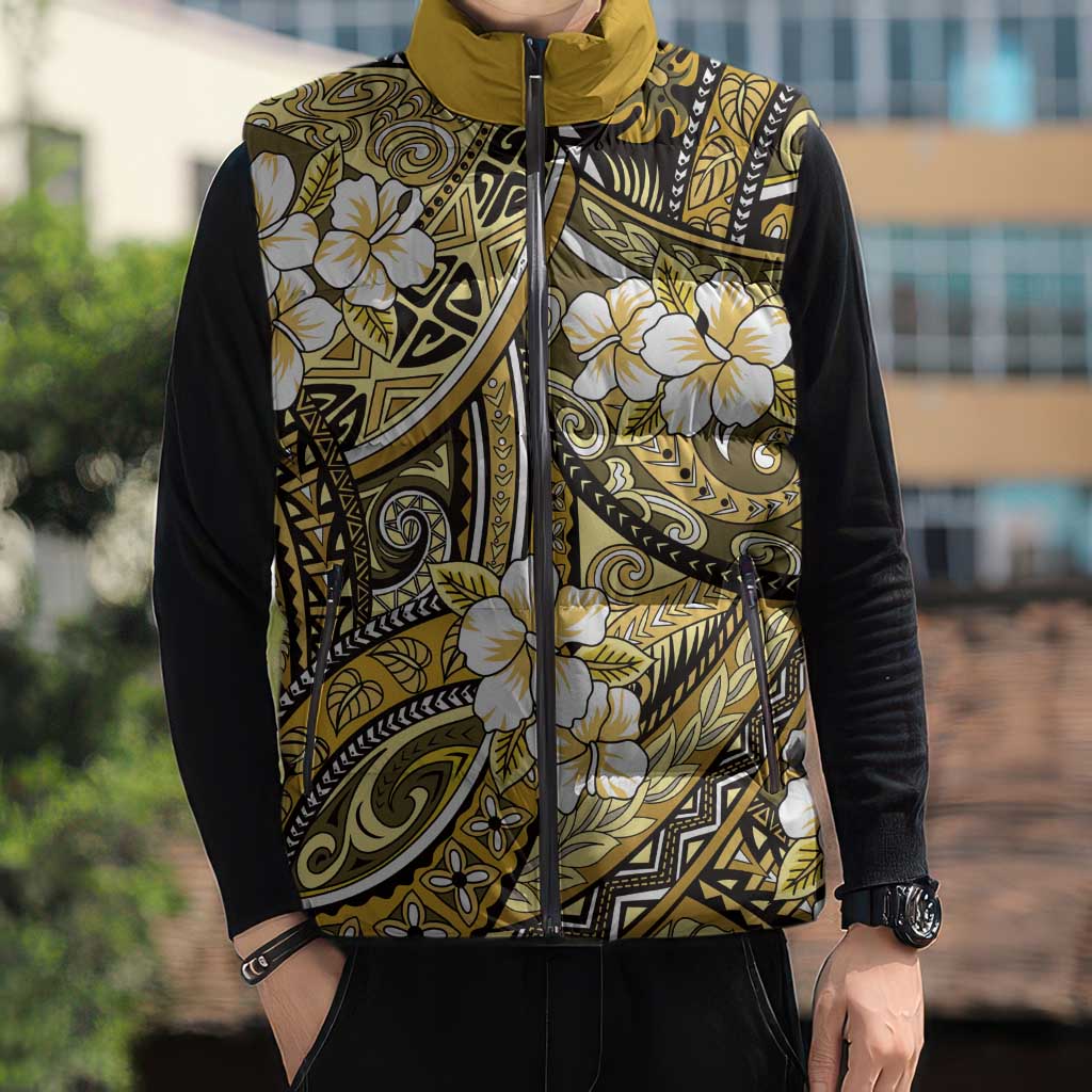 Polynesian Hibiscus Tropical Yellow Floral Sleeveless Puffer Jacket Tribal Pattern LT01 - Polynesian Pride