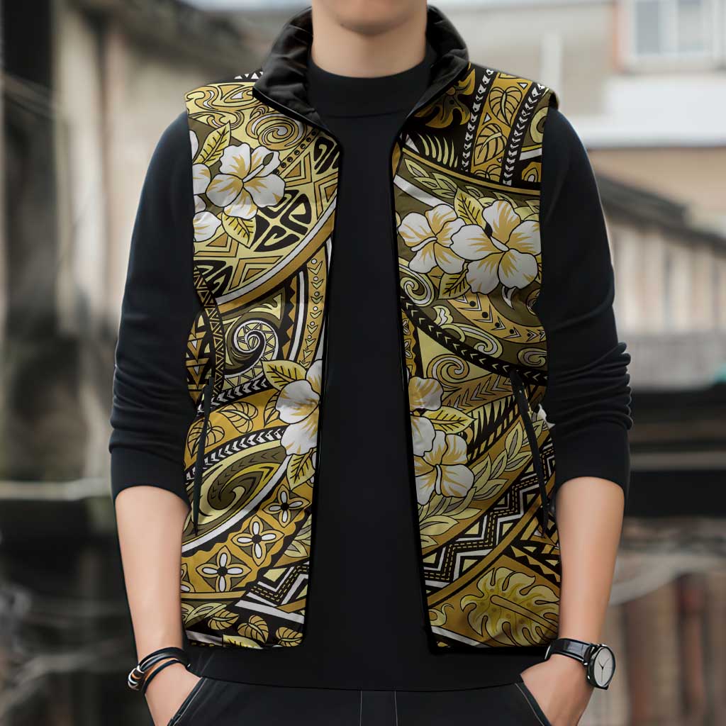 Polynesian Hibiscus Tropical Yellow Floral Sleeveless Puffer Jacket Tribal Pattern LT01 - Polynesian Pride