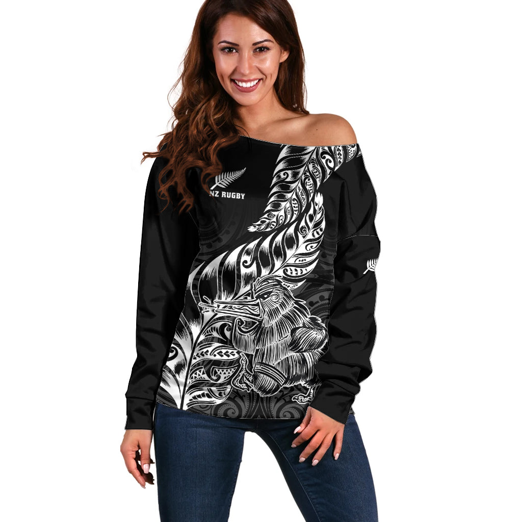 New Zealand Silver Fern Rugby Off Shoulder Sweater Aotearoa Kiwi Maori Black Version LT01 Women Black - Polynesian Pride