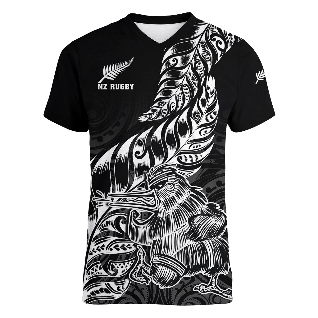 New Zealand Silver Fern Rugby Women V Neck T Shirt Aotearoa Kiwi Maori Black Version LT01 Female Black - Polynesian Pride