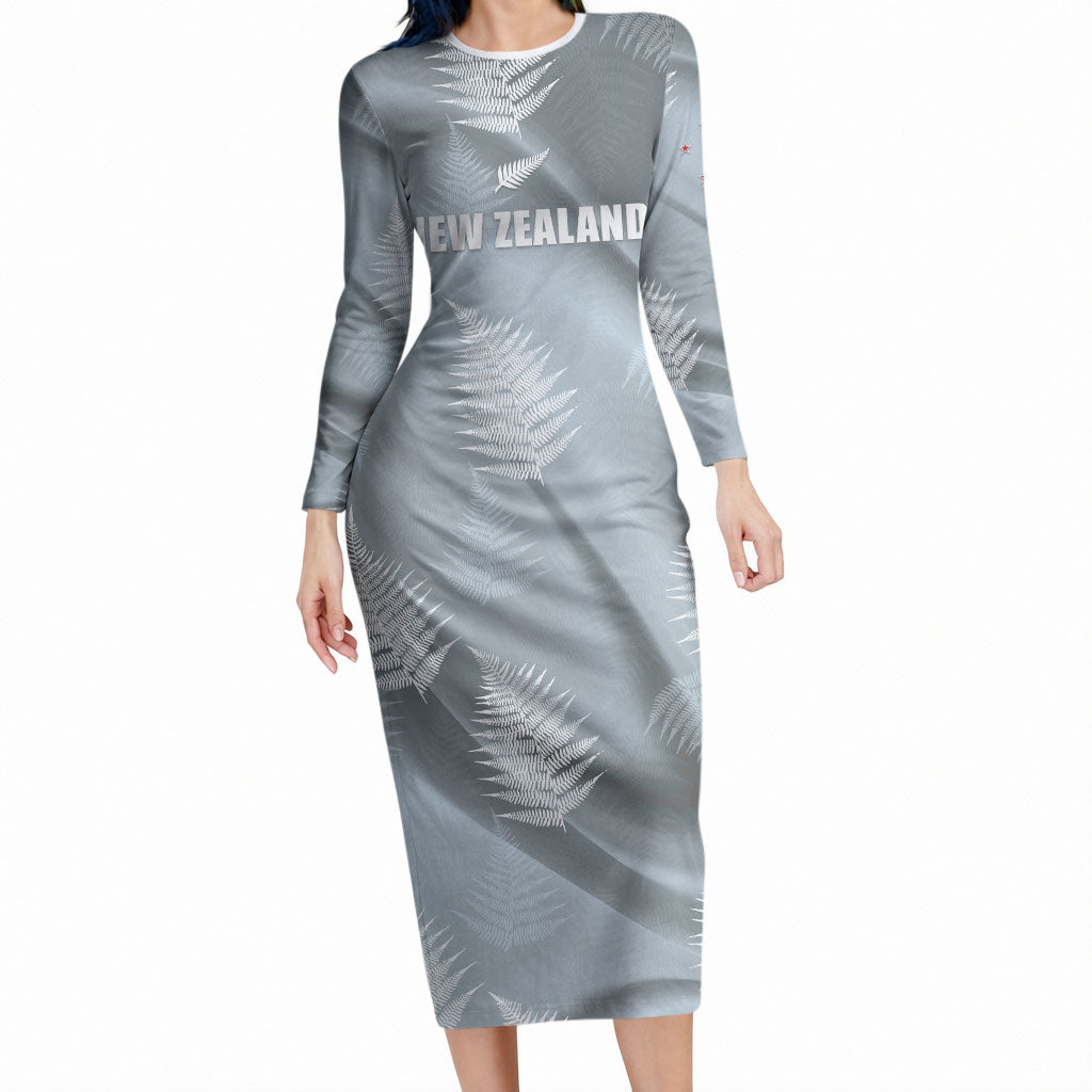 Custom Rugby New Zealand 2026 Long Sleeve Bodycon Dress The Fern Go Champions LT01 Long Dress Grey - Polynesian Pride