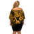 Hawaii Ukulele Family Matching Off Shoulder Short Dress and Hawaiian Shirt Polynesian Pattern Gold Version LT01 - Polynesian Pride