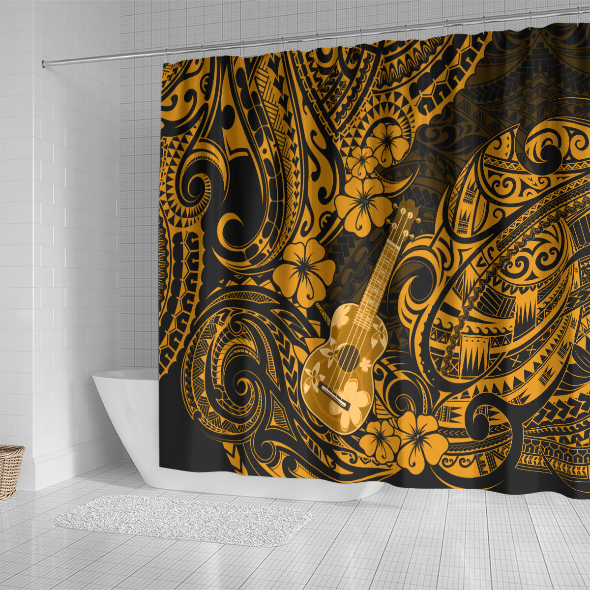 Hawaii Ukulele Shower Curtain Polynesian Pattern Gold Version LT01 - Polynesian Pride