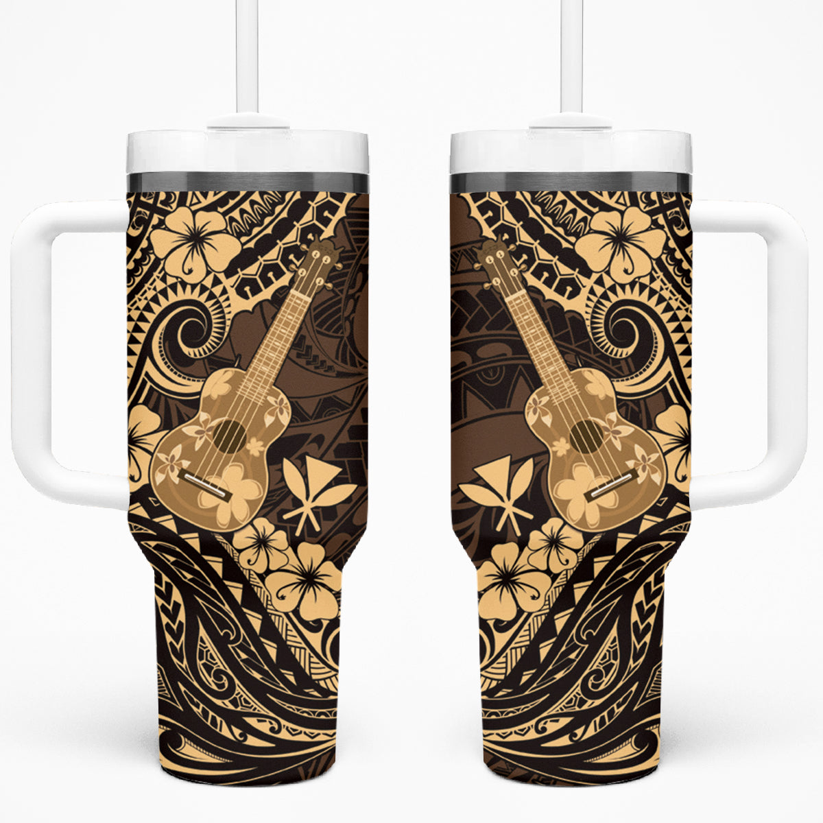 Hawaii Ukulele Tumbler With Handle Polynesian Pattern Gold Version LT01 One Size: 40 oz Gold - Polynesian Pride