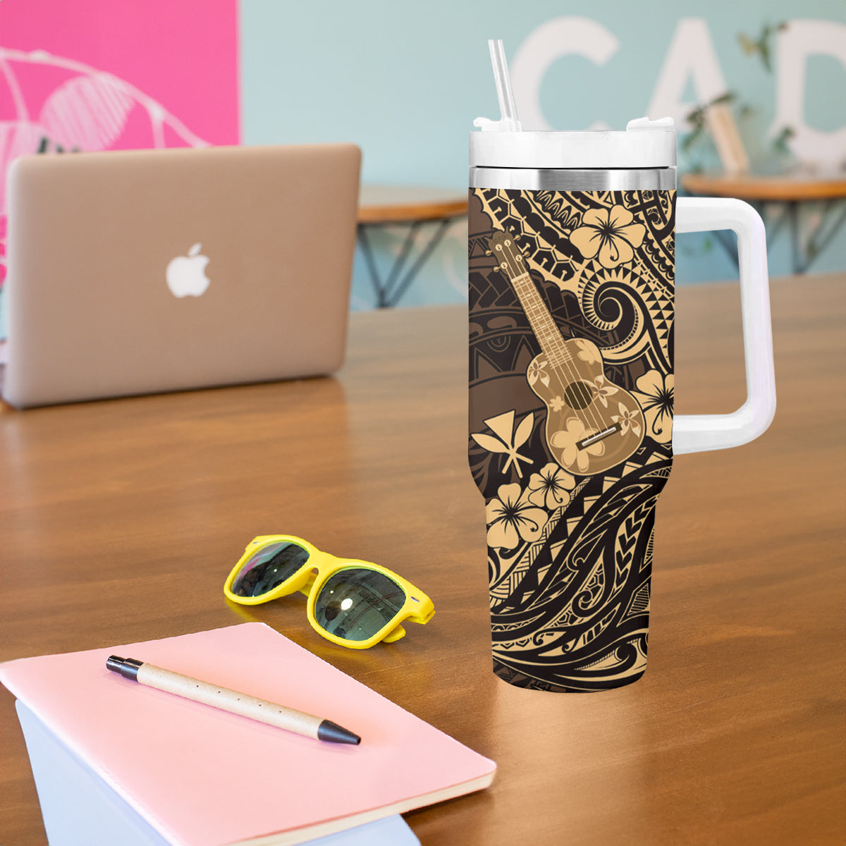 Hawaii Ukulele Tumbler With Handle Polynesian Pattern Gold Version LT01 - Polynesian Pride