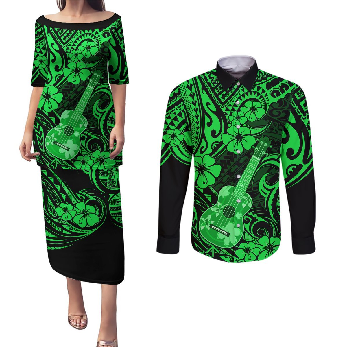Hawaii Ukulele Couples Matching Puletasi Dress and Long Sleeve Button Shirts Polynesian Pattern Green Version LT01 Green - Polynesian Pride