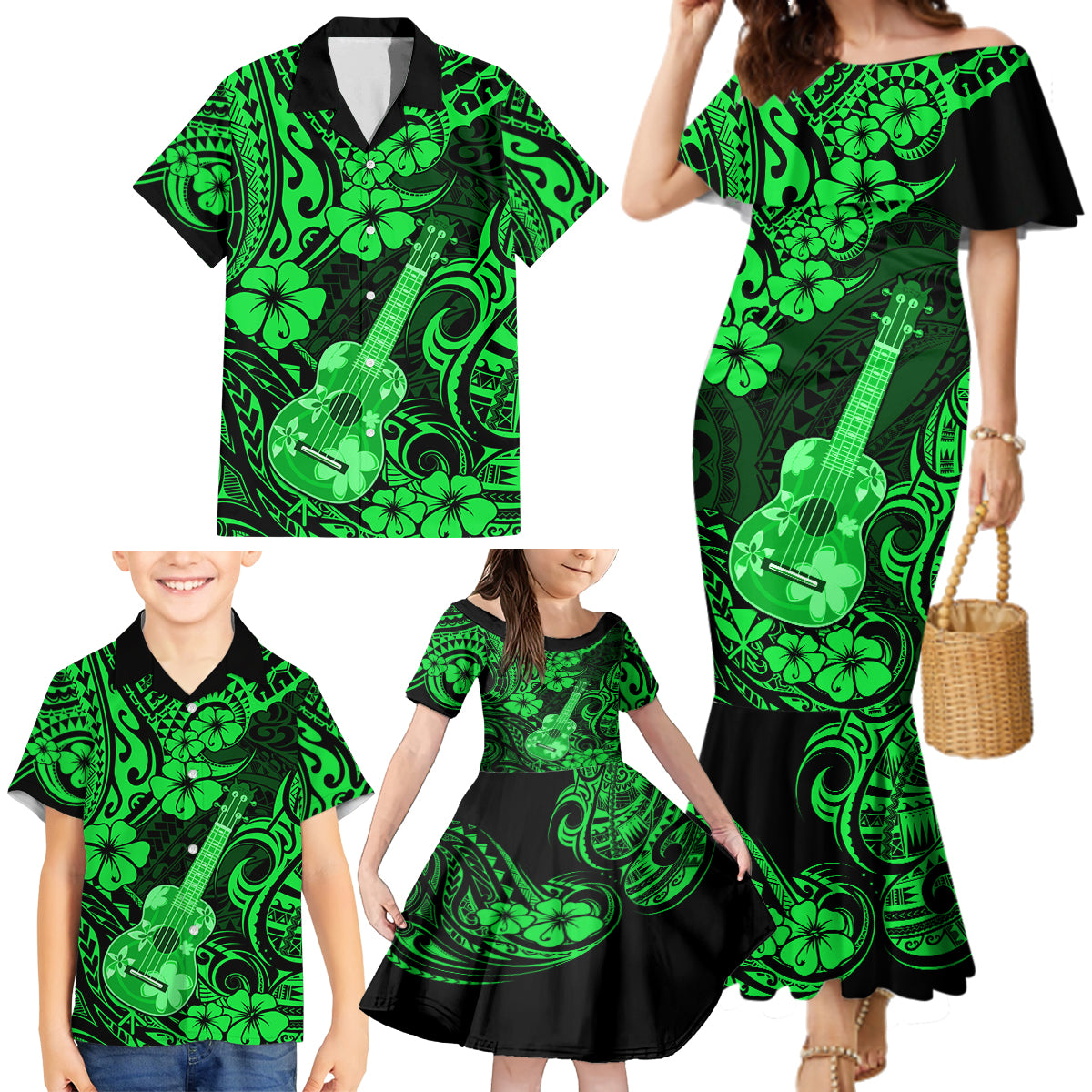 Hawaii Ukulele Family Matching Mermaid Dress and Hawaiian Shirt Polynesian Pattern Green Version LT01 - Polynesian Pride