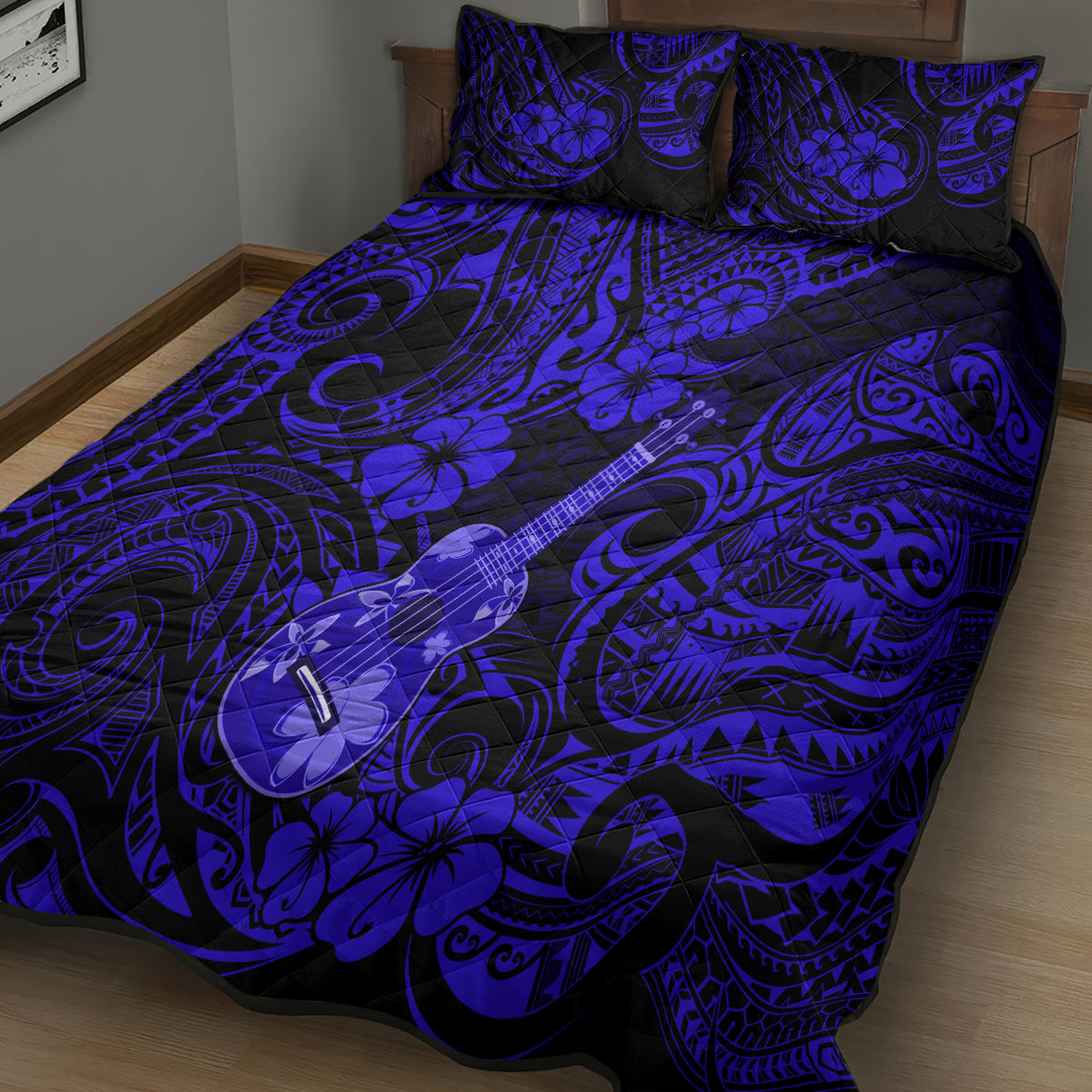 Hawaii Ukulele Quilt Bed Set Polynesian Pattern Navy Blue Version LT01 - Polynesian Pride