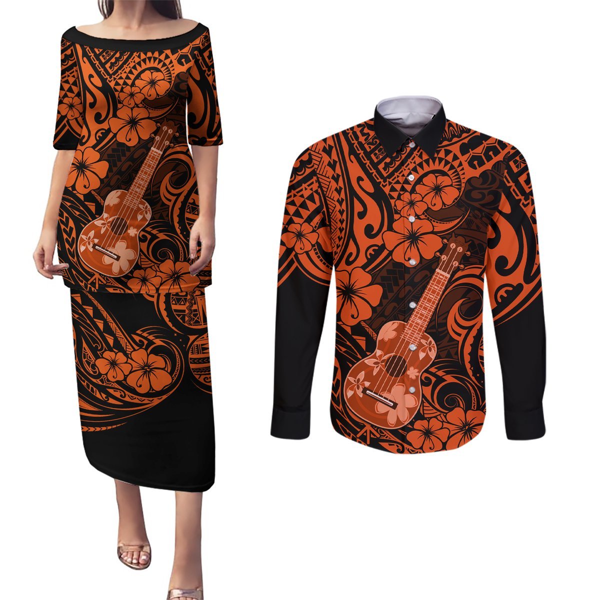 Hawaii Ukulele Couples Matching Puletasi Dress and Long Sleeve Button Shirts Polynesian Pattern Orange Version LT01 Orange - Polynesian Pride