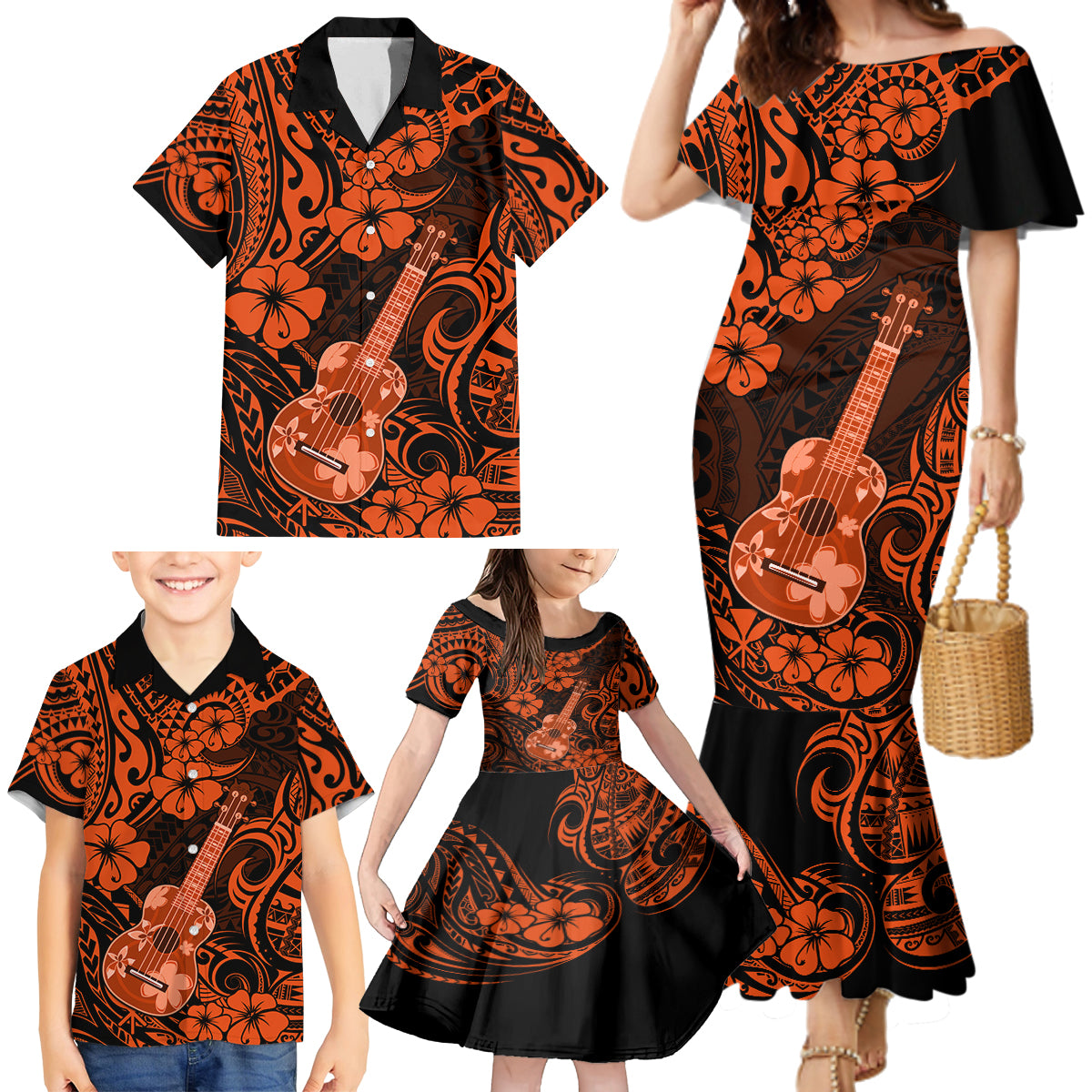 Hawaii Ukulele Family Matching Mermaid Dress and Hawaiian Shirt Polynesian Pattern Orange Version LT01 - Polynesian Pride