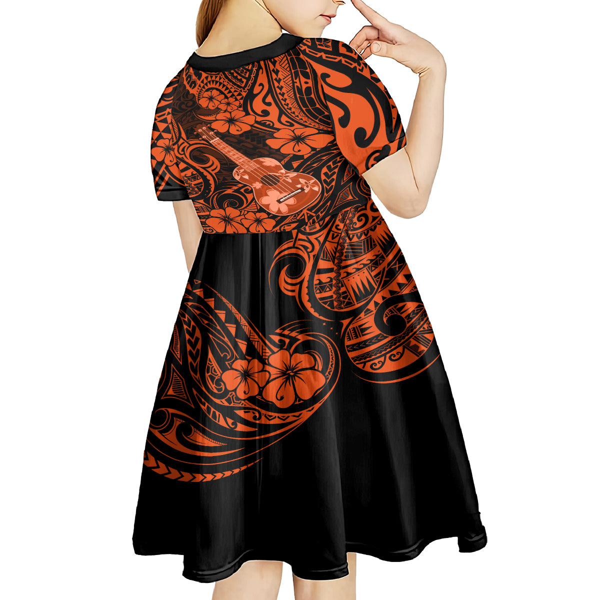 Hawaii Ukulele Kid Short Sleeve Dress Polynesian Pattern Orange Version LT01 - Polynesian Pride
