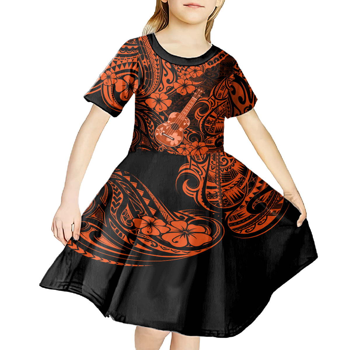 Hawaii Ukulele Kid Short Sleeve Dress Polynesian Pattern Orange Version LT01 - Polynesian Pride