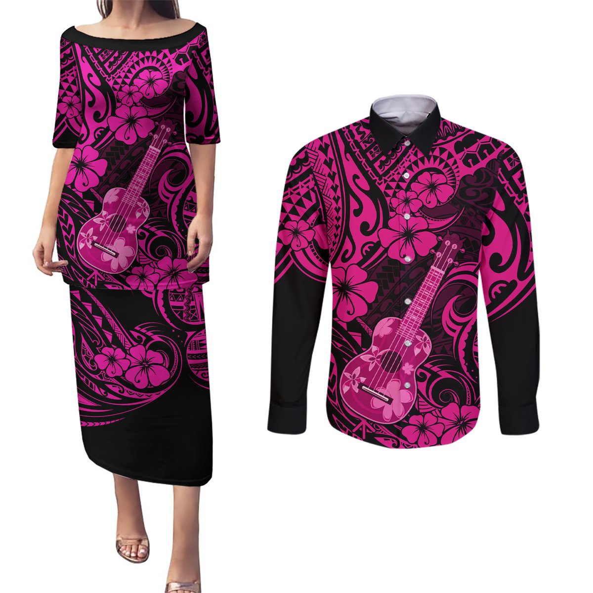 Hawaii Ukulele Couples Matching Puletasi Dress and Long Sleeve Button Shirts Polynesian Pattern Pink Version LT01 Pink - Polynesian Pride