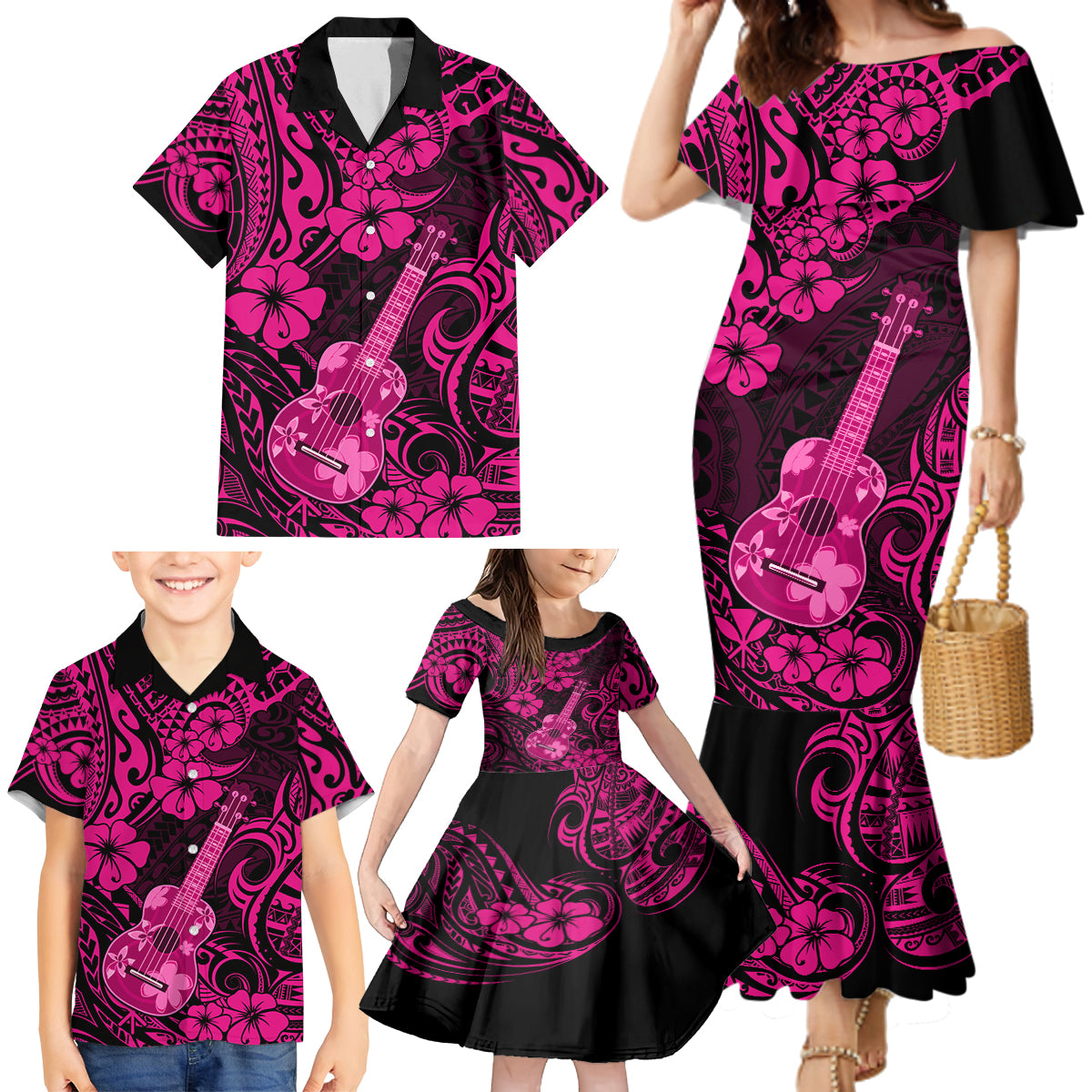 Hawaii Ukulele Family Matching Mermaid Dress and Hawaiian Shirt Polynesian Pattern Pink Version LT01 - Polynesian Pride