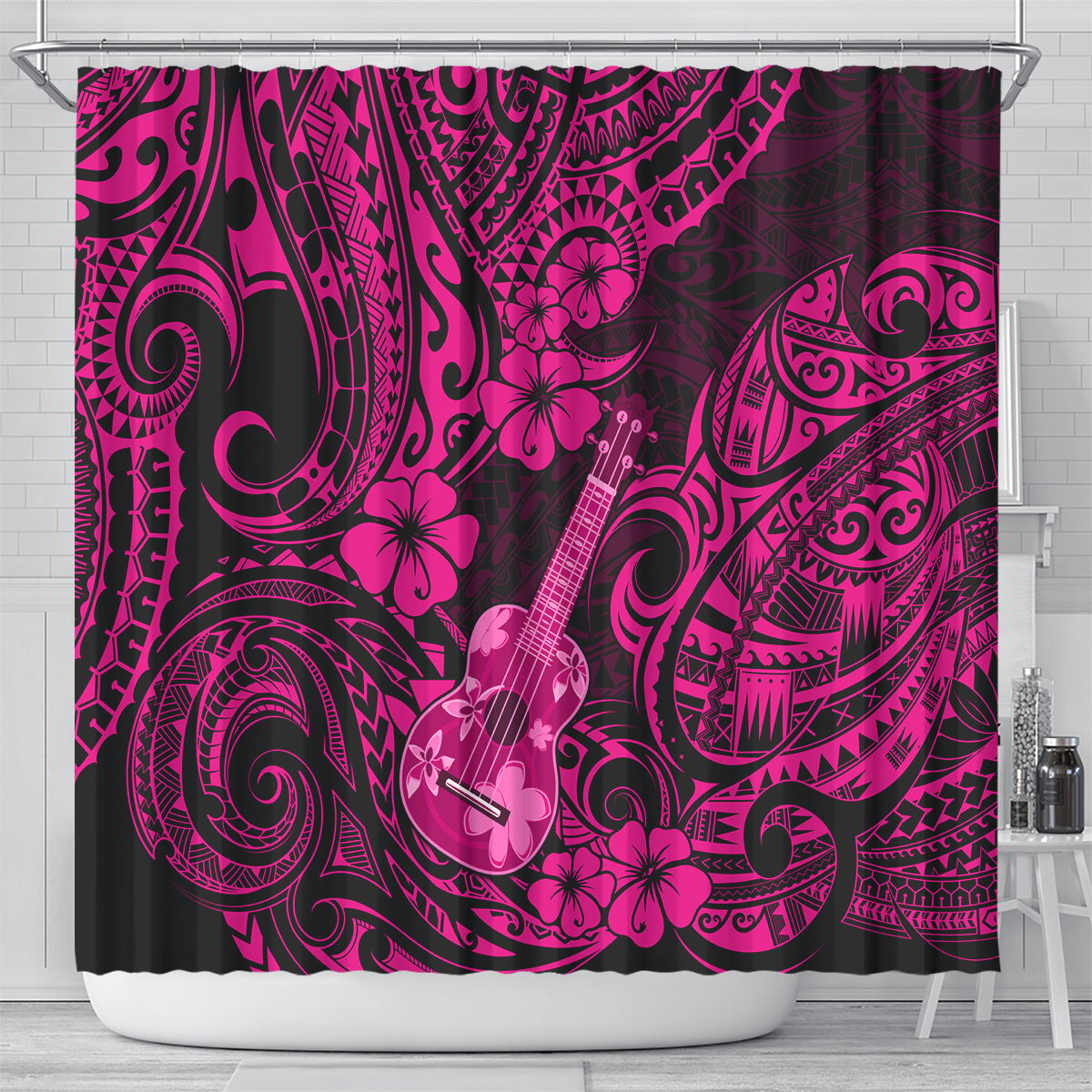 Hawaii Ukulele Shower Curtain Polynesian Pattern Pink Version LT01 - Polynesian Pride