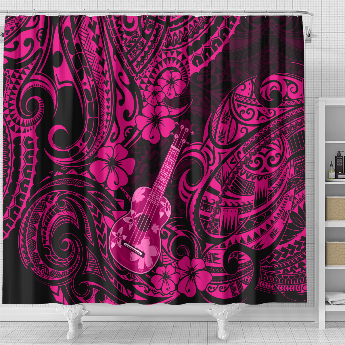 Hawaii Ukulele Shower Curtain Polynesian Pattern Pink Version LT01 - Polynesian Pride