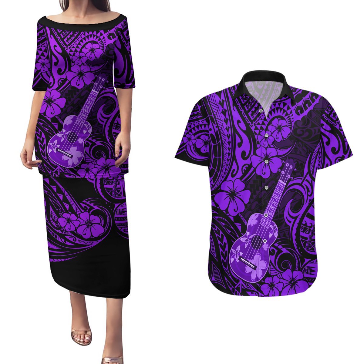 Hawaii Ukulele Couples Matching Puletasi Dress and Hawaiian Shirt Polynesian Pattern Purple Version LT01 Purple - Polynesian Pride