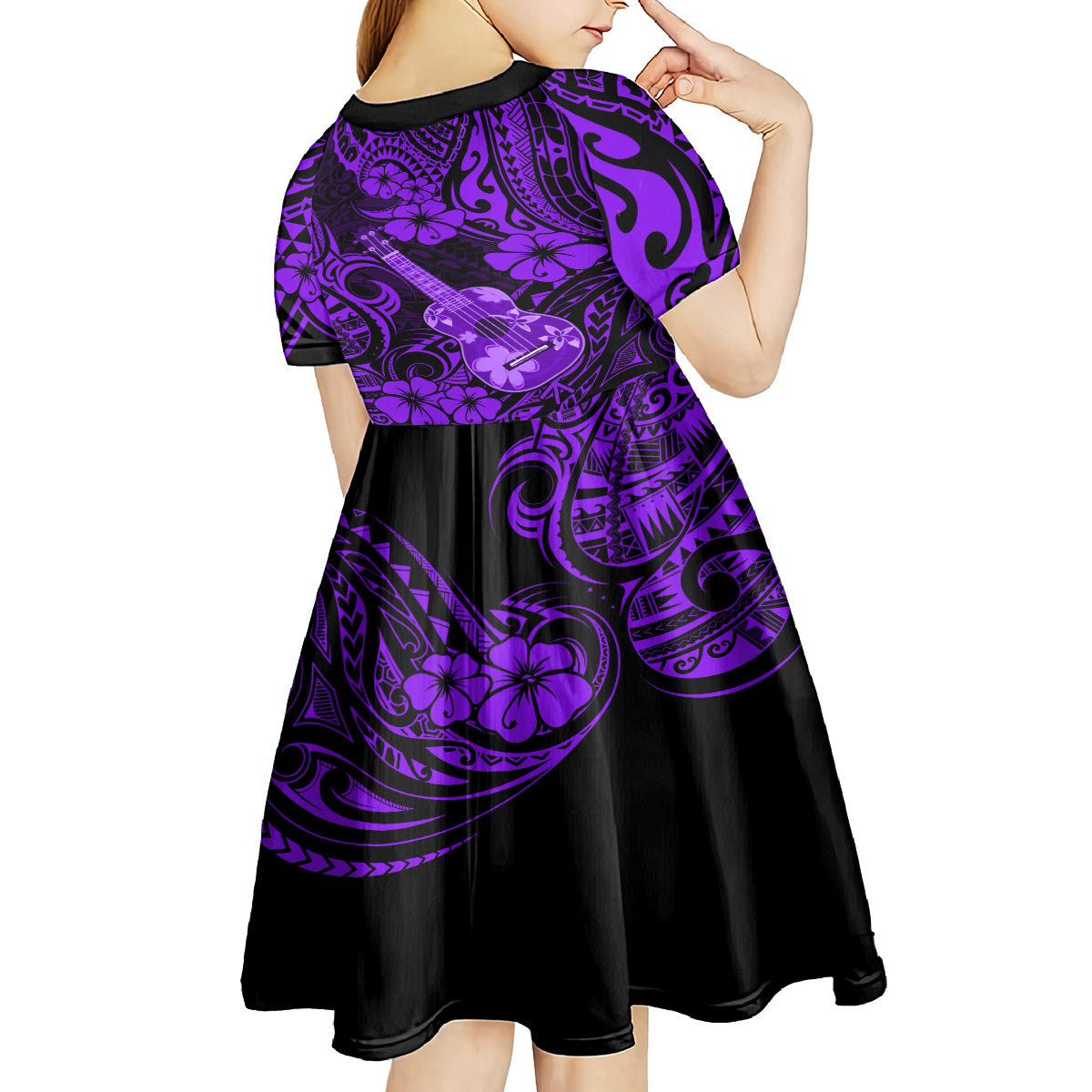 Hawaii Ukulele Kid Short Sleeve Dress Polynesian Pattern Purple Version LT01 - Polynesian Pride