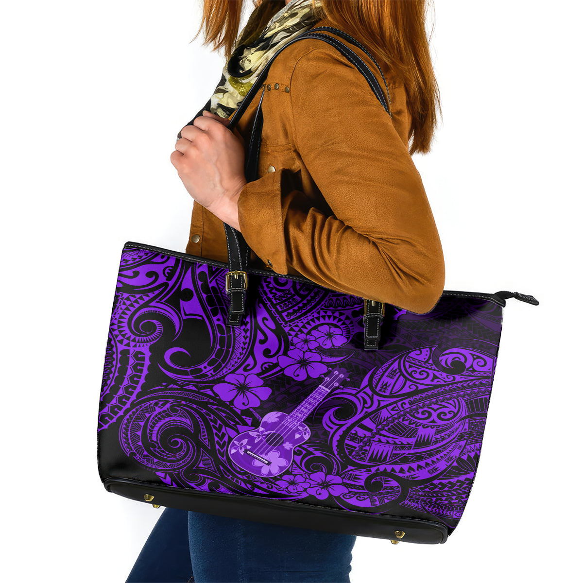 Hawaii Ukulele Leather Tote Bag Polynesian Pattern Purple Version LT01 Purple - Polynesian Pride