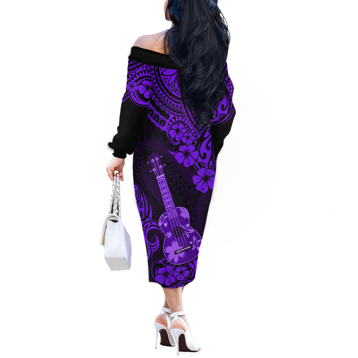 Hawaii Ukulele Off The Shoulder Long Sleeve Dress Polynesian Pattern Purple Version LT01 - Polynesian Pride