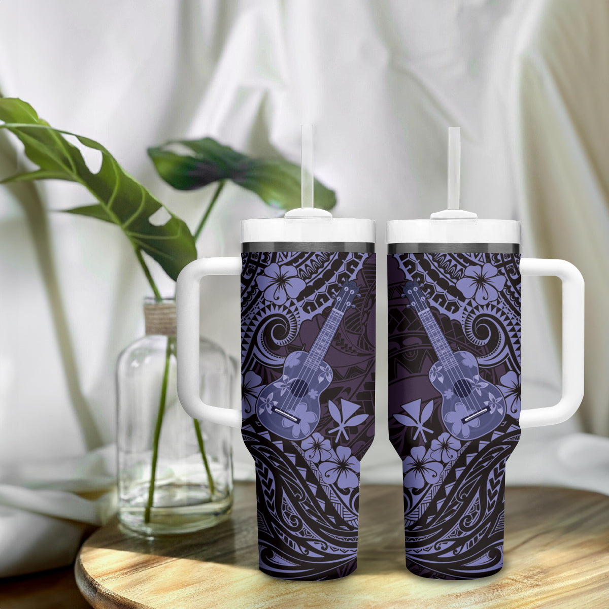 Hawaii Ukulele Tumbler With Handle Polynesian Pattern Purple Version LT01 - Polynesian Pride