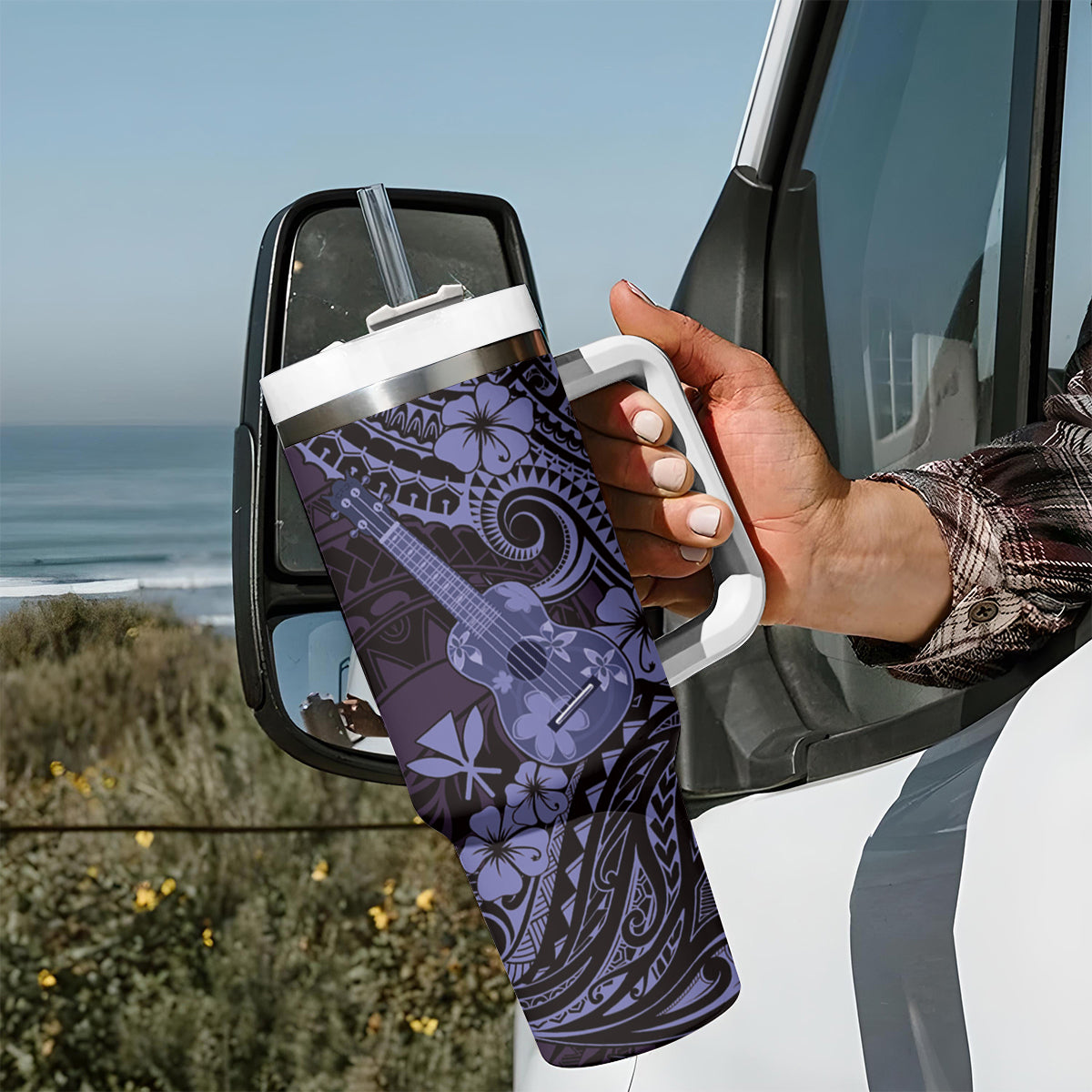Hawaii Ukulele Tumbler With Handle Polynesian Pattern Purple Version LT01 - Polynesian Pride