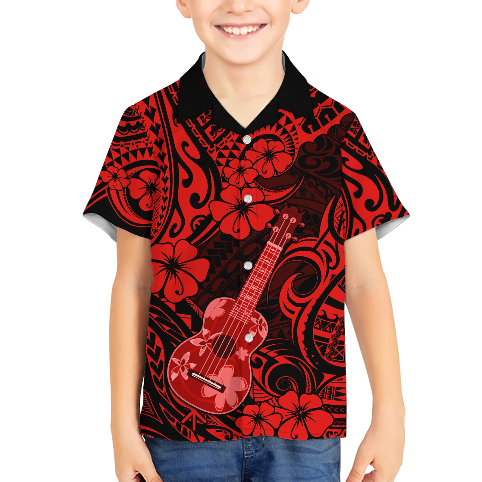 Hawaii Ukulele Kid Hawaiian Shirt Polynesian Pattern Red Version LT01 Kid Red - Polynesian Pride