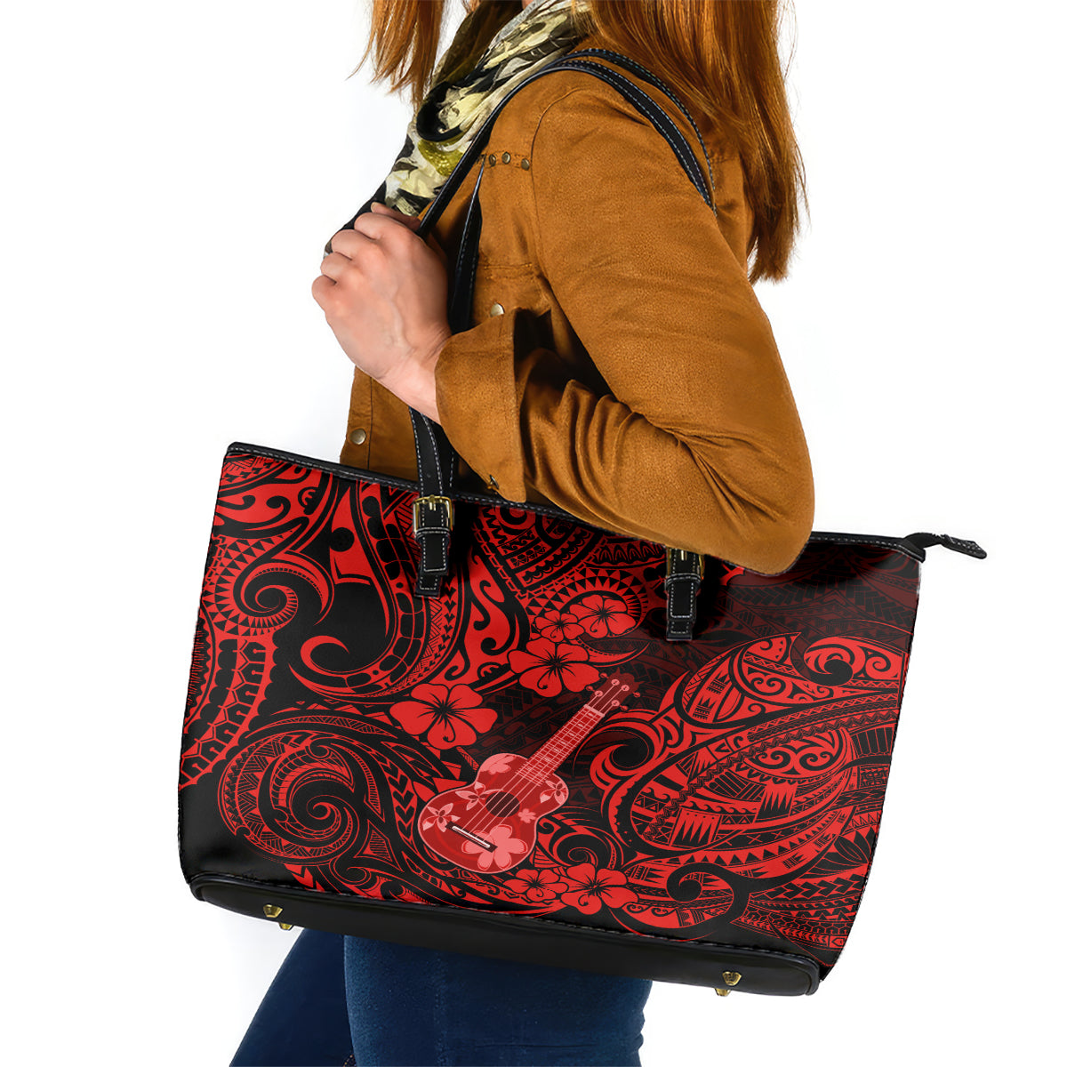 Hawaii Ukulele Leather Tote Bag Polynesian Pattern Red Version LT01 Red - Polynesian Pride