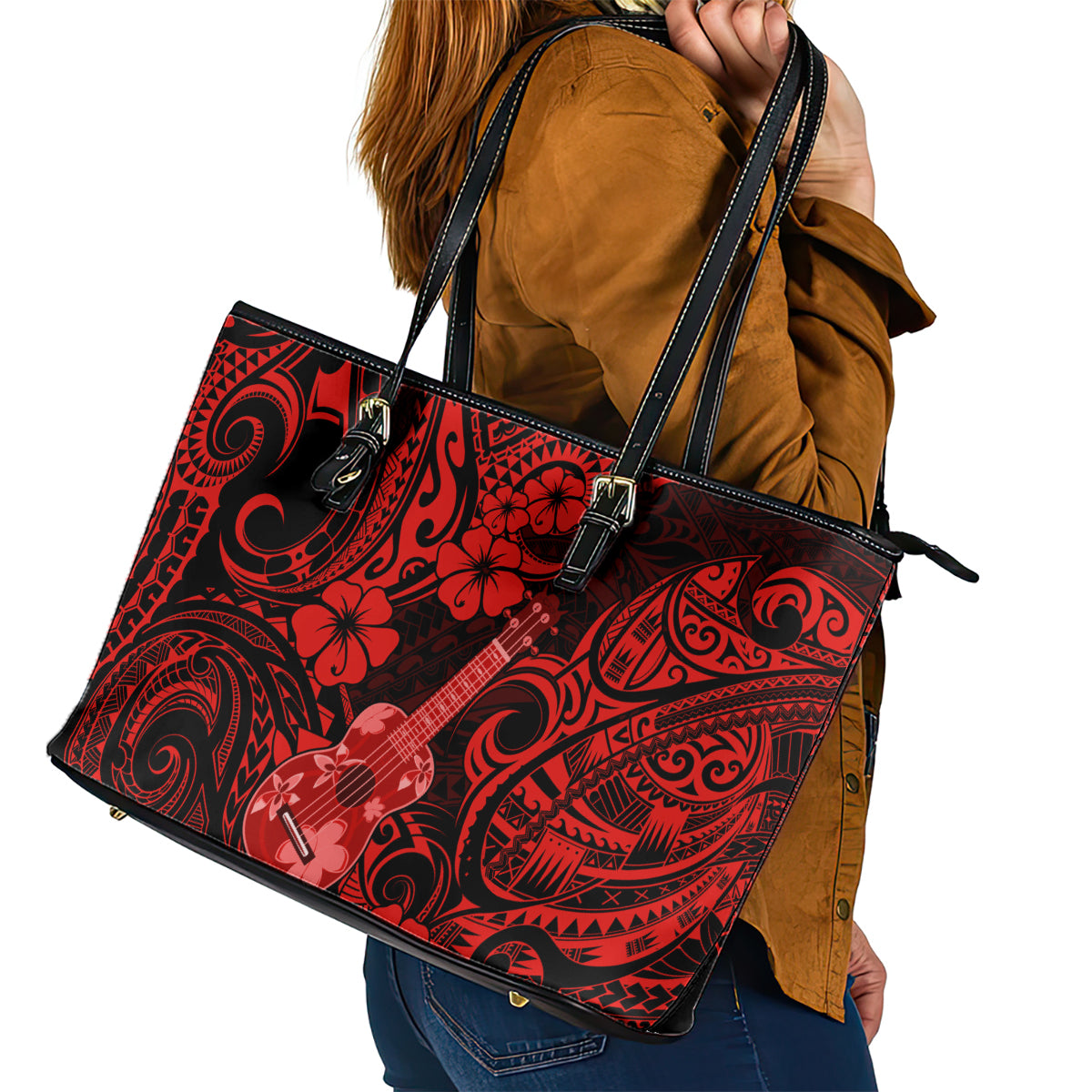 Hawaii Ukulele Leather Tote Bag Polynesian Pattern Red Version LT01 - Polynesian Pride