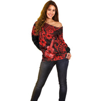 Hawaii Ukulele Off Shoulder Sweater Polynesian Pattern Red Version LT01 - Polynesian Pride