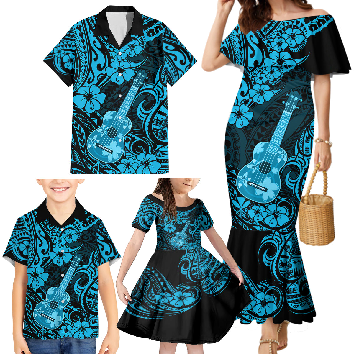 Hawaii Ukulele Family Matching Mermaid Dress and Hawaiian Shirt Polynesian Pattern Sky Blue Version LT01 - Polynesian Pride