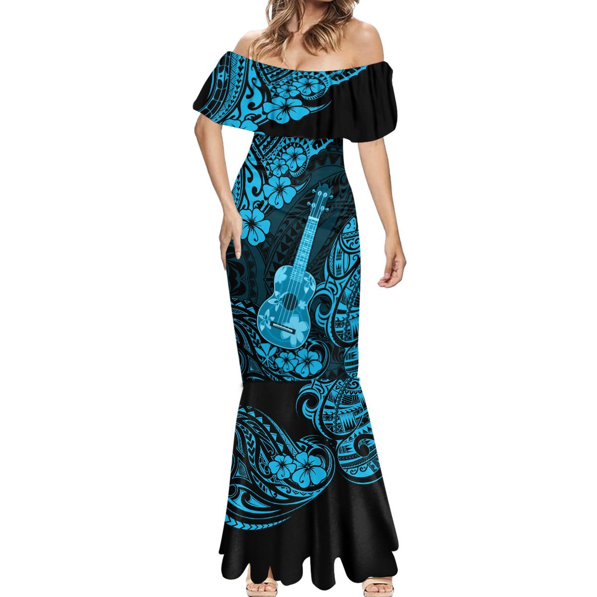 Hawaii Ukulele Mermaid Dress Polynesian Pattern Sky Blue Version LT01 - Polynesian Pride