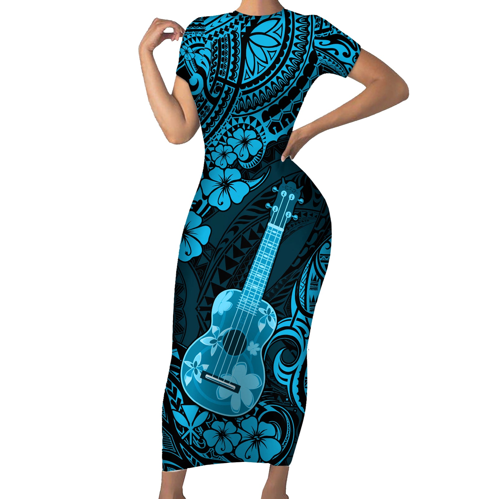 Hawaii Ukulele Short Sleeve Bodycon Dress Polynesian Pattern Sky Blue Version LT01 Long Dress Blue - Polynesian Pride